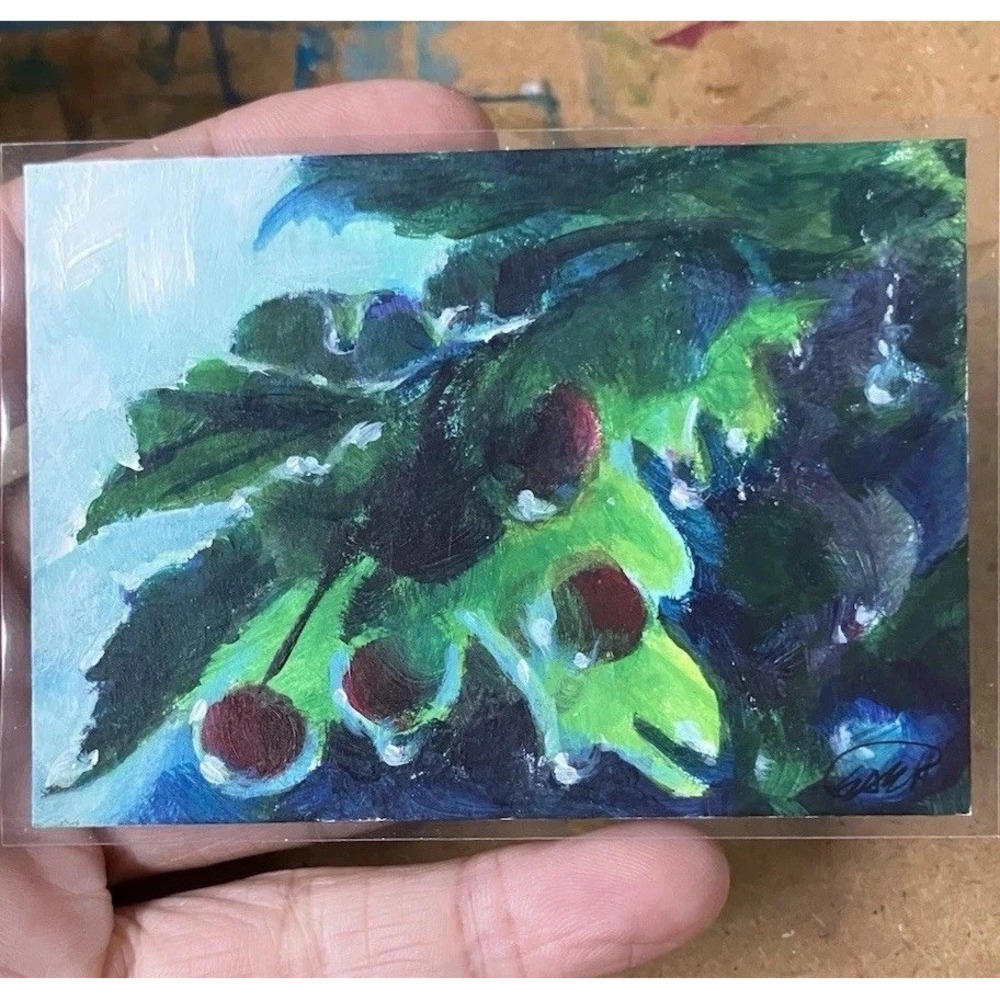 Original Painting Aceo Winter berries Art Impressionist miniature Artettina USA